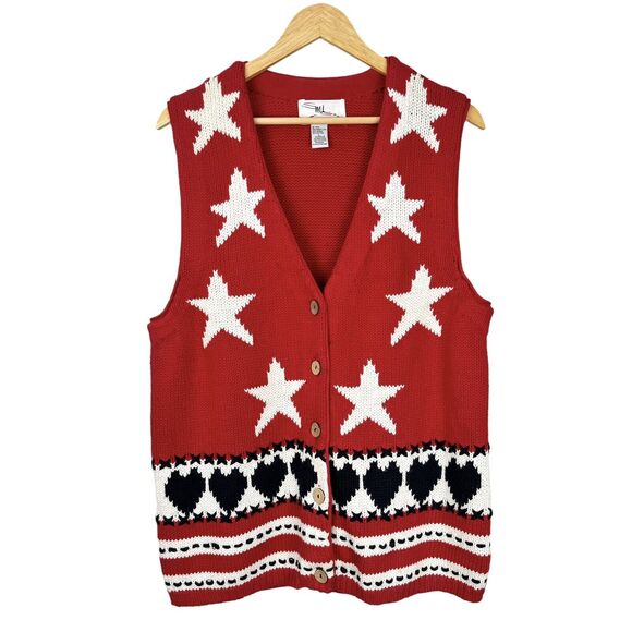 Vintage Womens Knit Cardigan Large Red Button Front Stars Hearts 90s Grandma USA - Picture 1 of 9